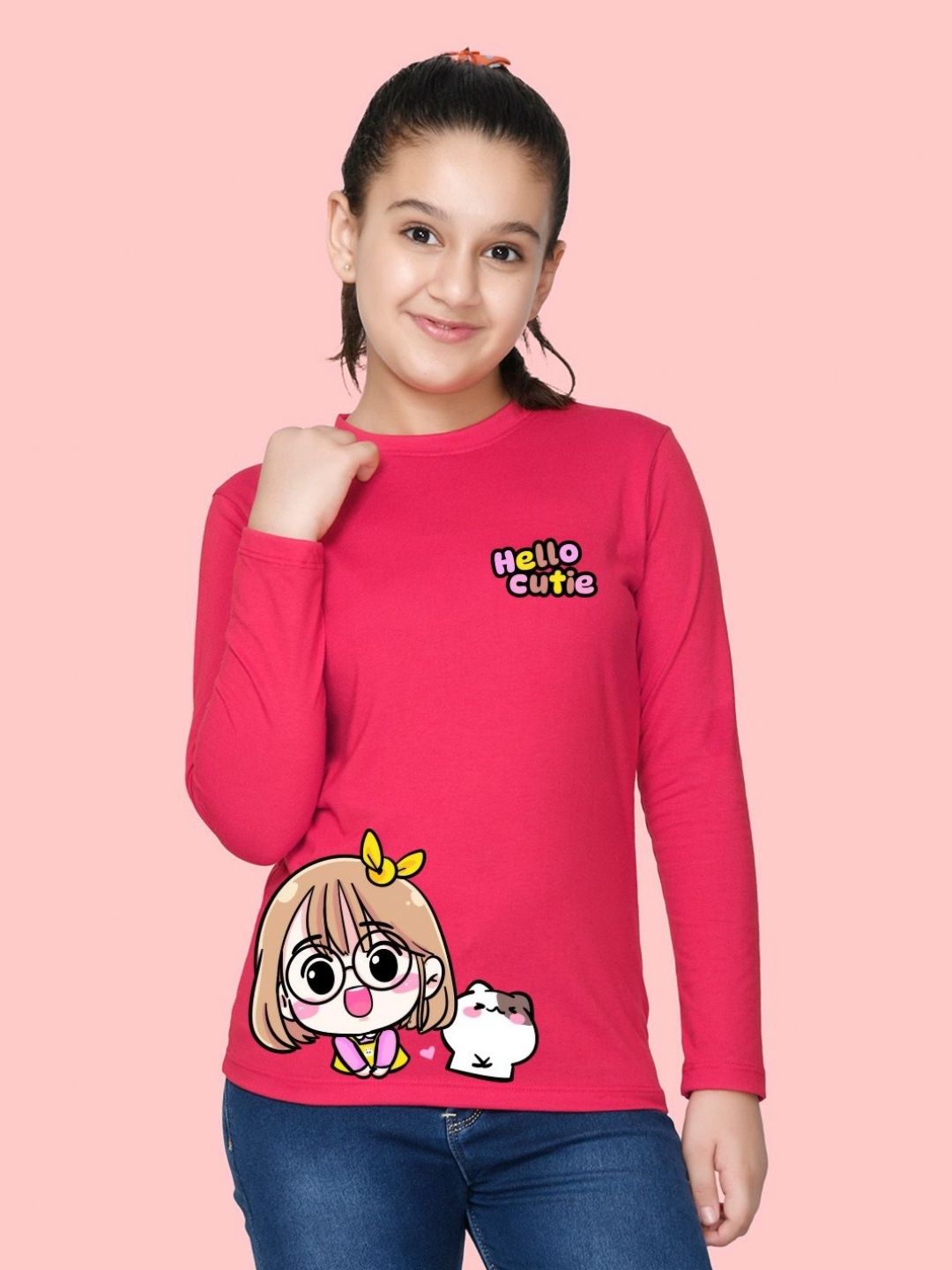 

NUSYL Girls Graphic Printed Round Neck Cotton T-shirt, Pink