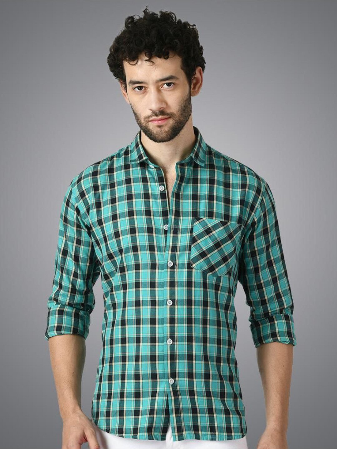 

PEBCO Men Classic Spread Collar Checked Cotton Slim Fit Casual Shirt, Green