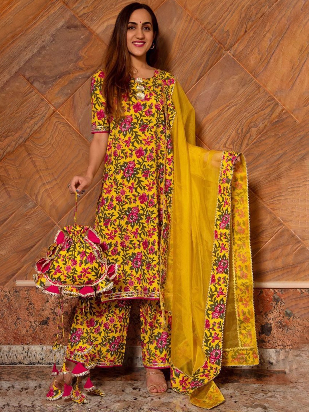 

Modestouze Attires Floral Printed Gotta Patti Straight Kurta With Palazzo & Dupatta, Mustard