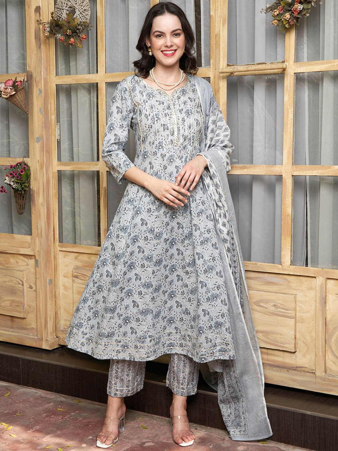 

BANDIA Floral Printed Sequinned Pure Cotton Anarkali Kurta With Trousers & Dupatta, Grey