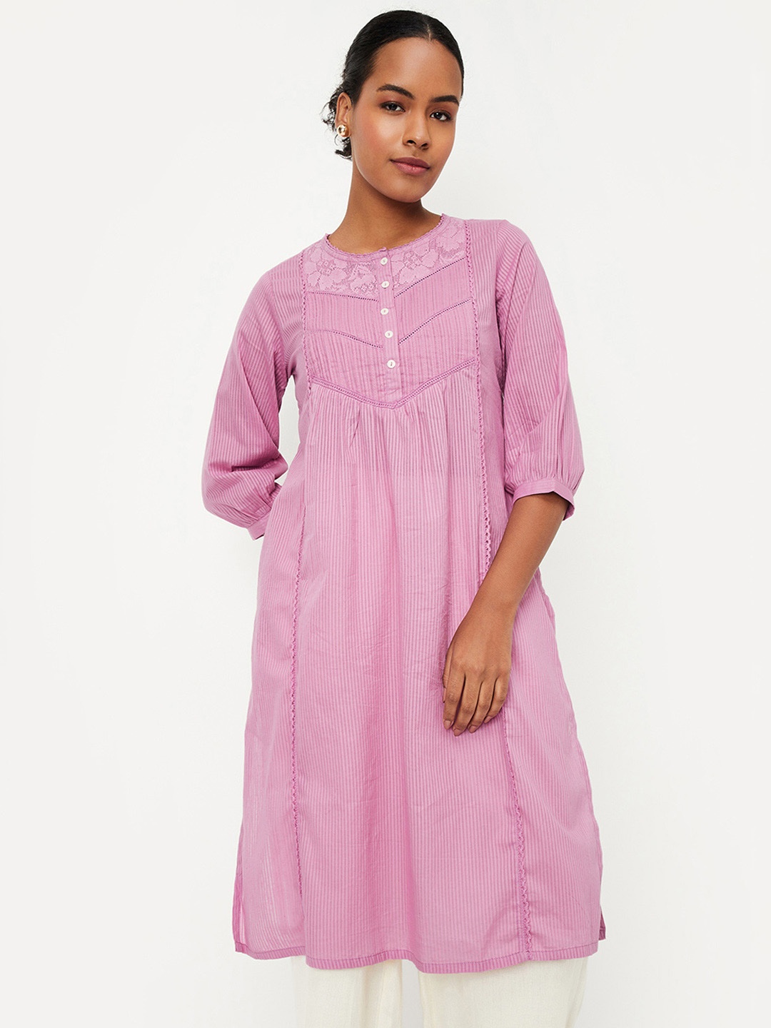 

max Striped Printed Round Neck Puff Sleeves Cotton Straight Kurta, Pink