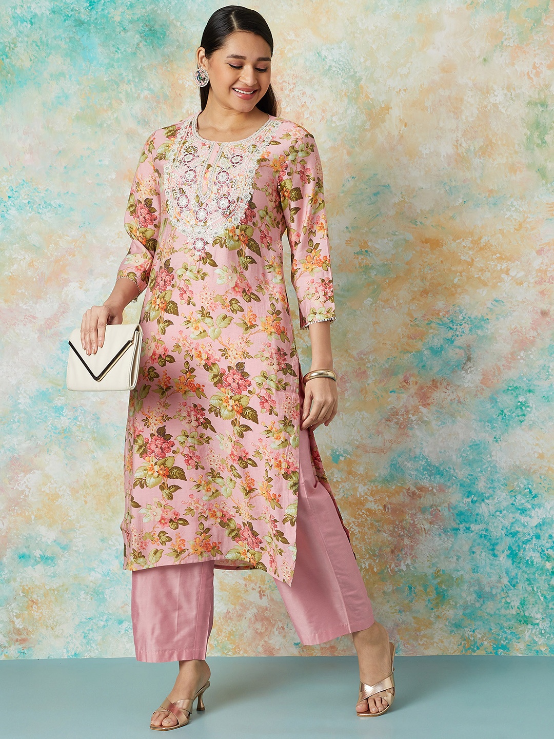 

Melange by Lifestyle Floral Printed Thread Work Embroidered Round Neck Straight Kurta, Pink