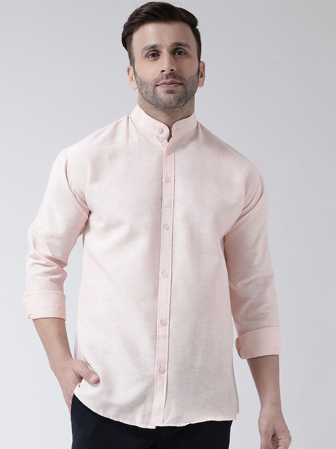 

KLOSET BY RIAG Men Classic Band Collar Solid Cotton Casual Shirt, Peach