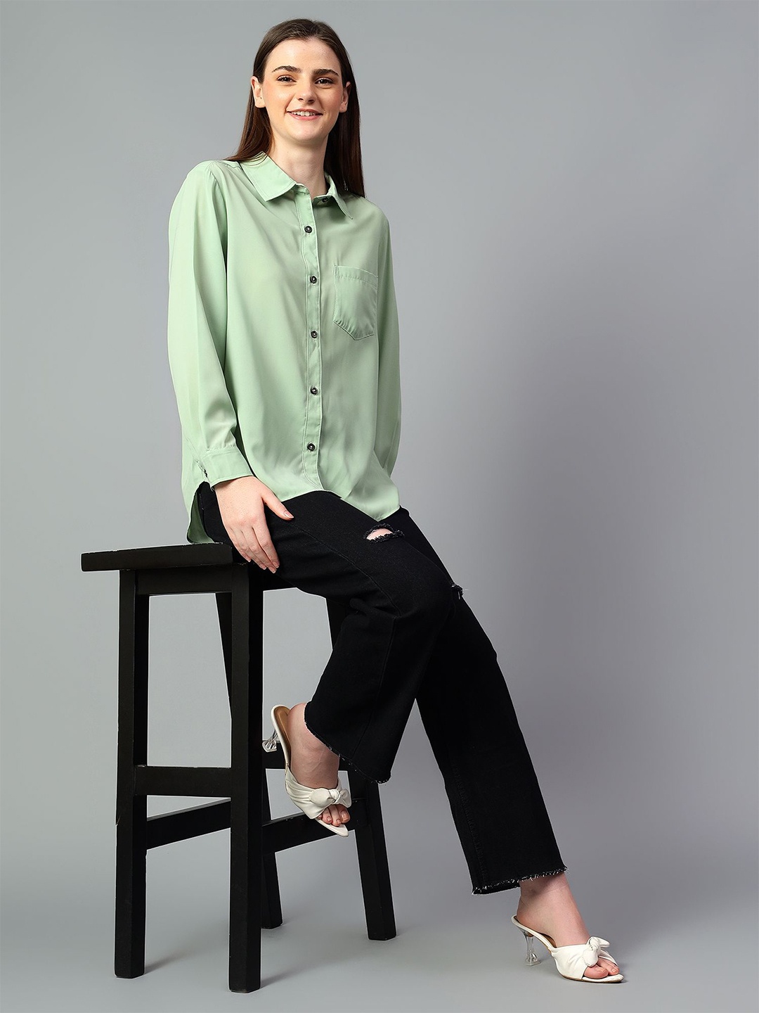 

Kotty Women Comfort Spread Collar Solid Oversized Casual Shirt, Green