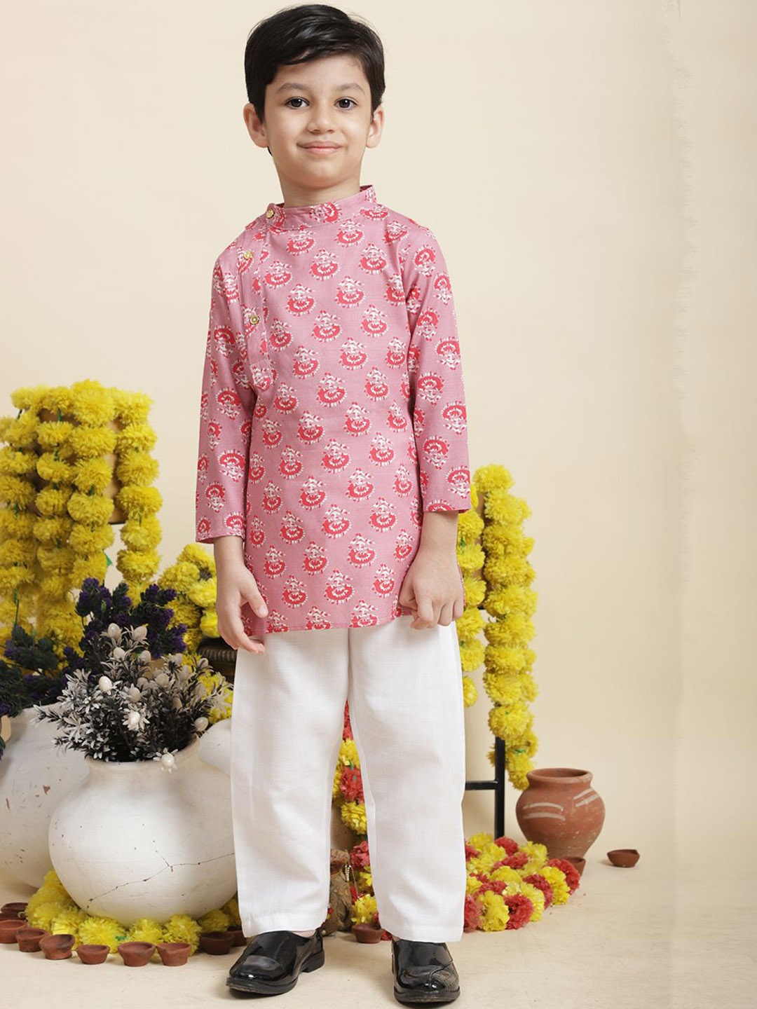 

Cutiekins Boys Ethnic Motifs Printed Pure Cotton Kurta with Pyjamas, Coral