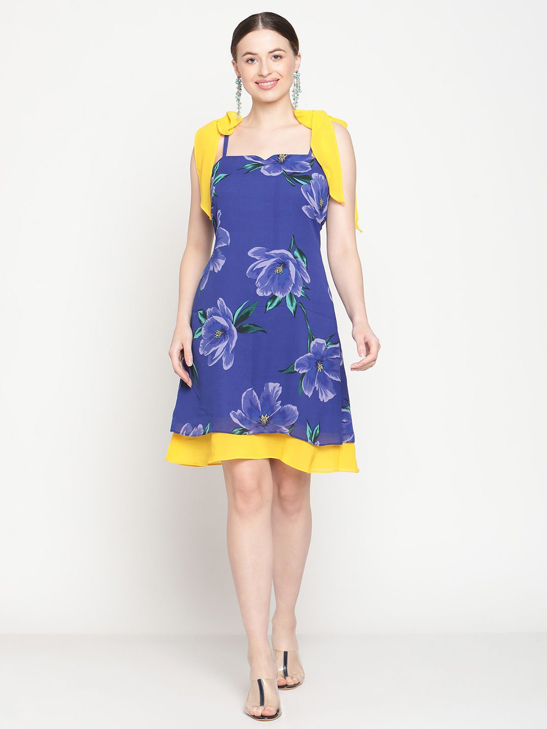 

VIRAGO Women Floral Printed Georgette A-Line Dress, Blue