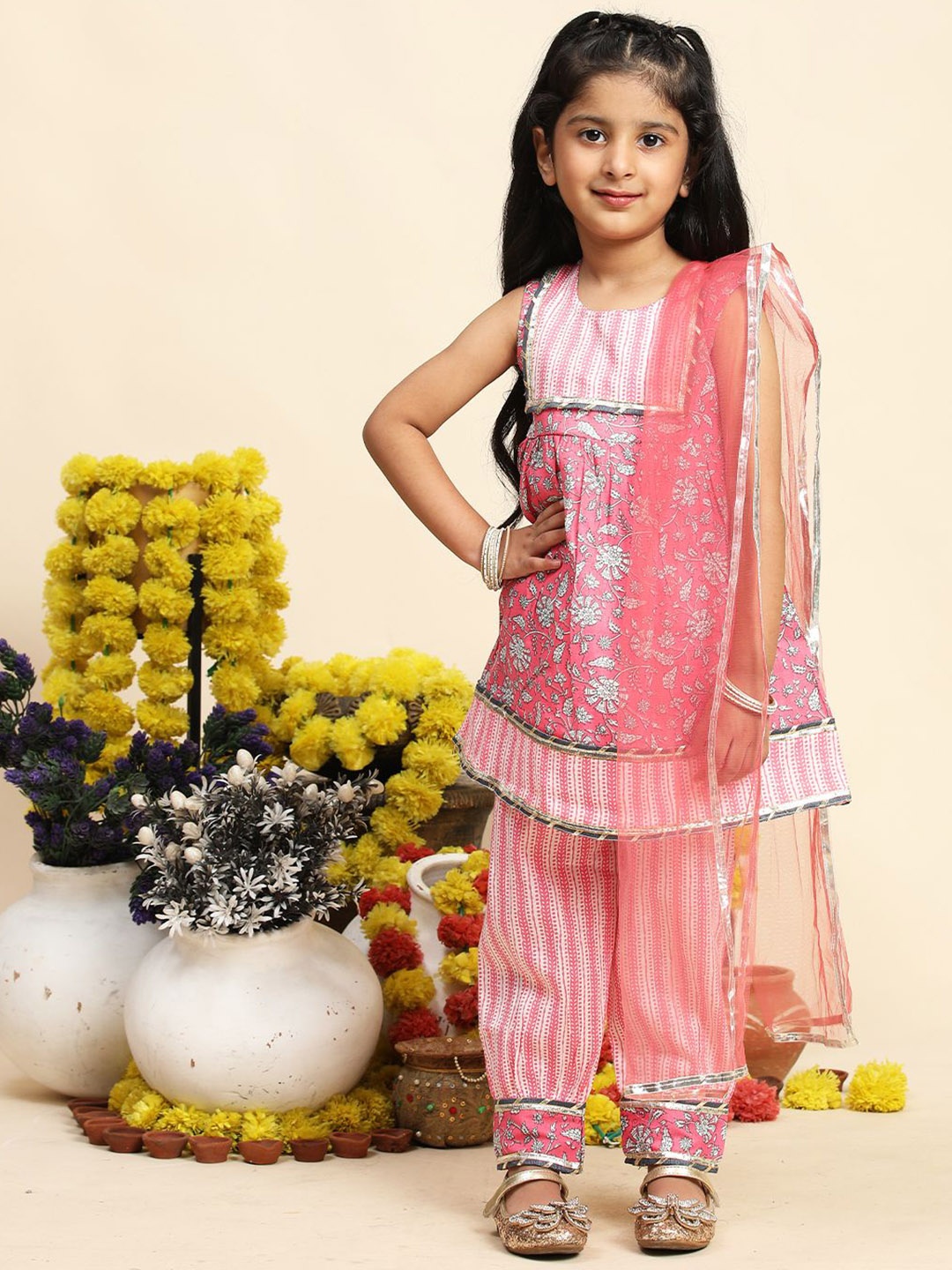 

Cutiekins Girls Floral Printed Empire Gotta Patti Kurta With Salwar & With Dupatta, Pink