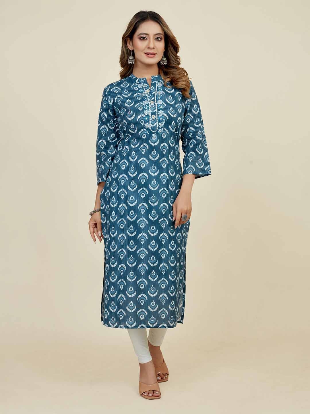 

SARRAS Geometric Printed Mirror Work Mandarin Collar Straight Kurta, Blue