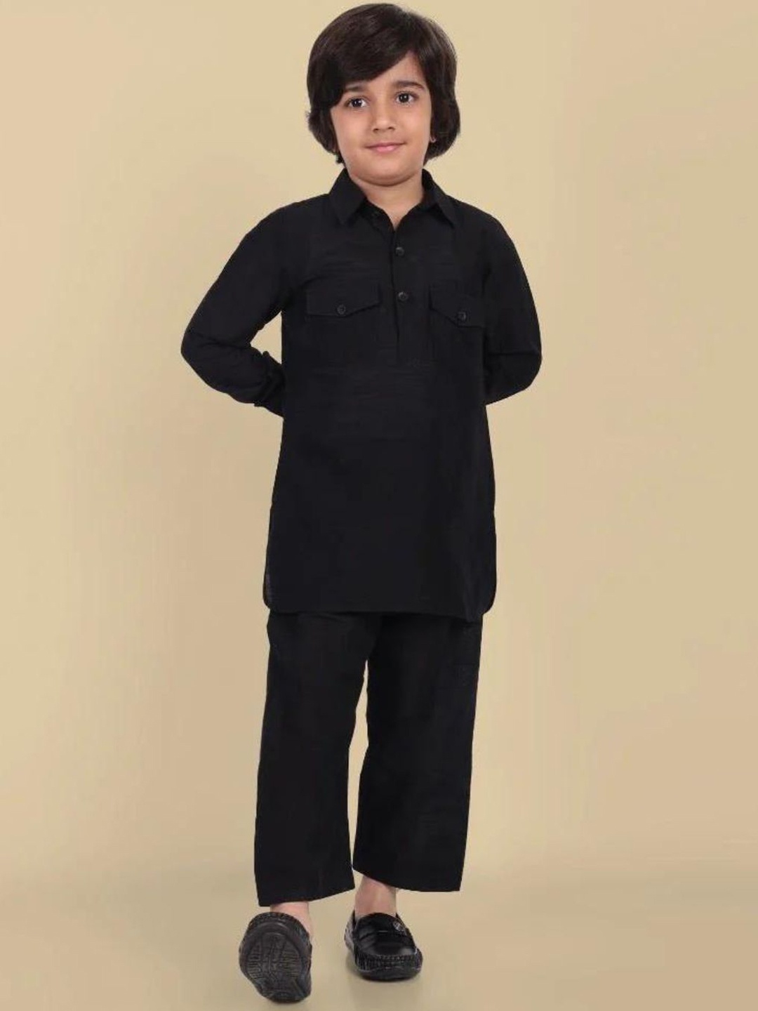 

Mera Rang Boys Pathani Cotton Silk Kurta with Salwar, Black