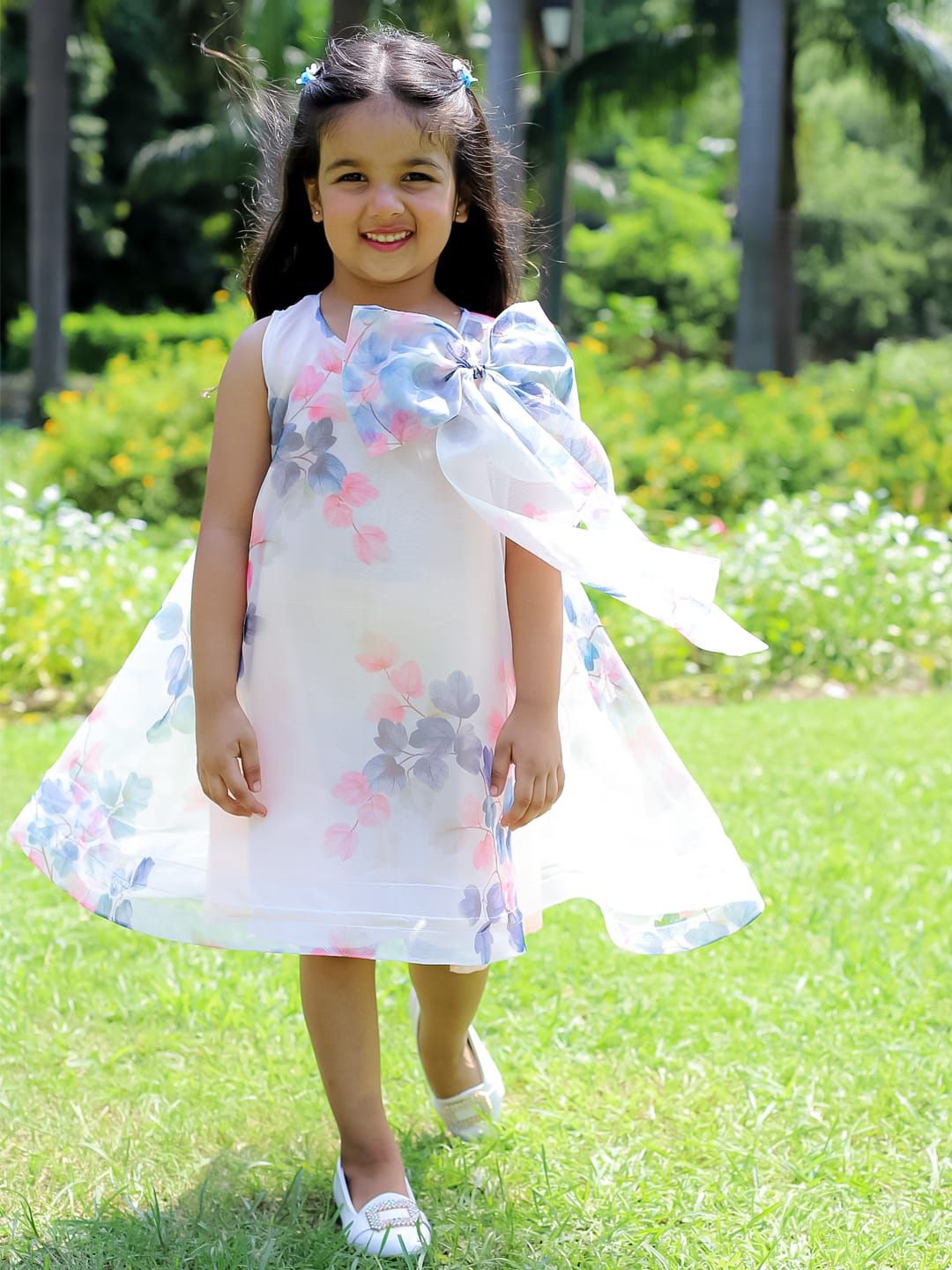 

UNBIND Kids-Girls Floral Print Bow Detailed A-Line Dress, White