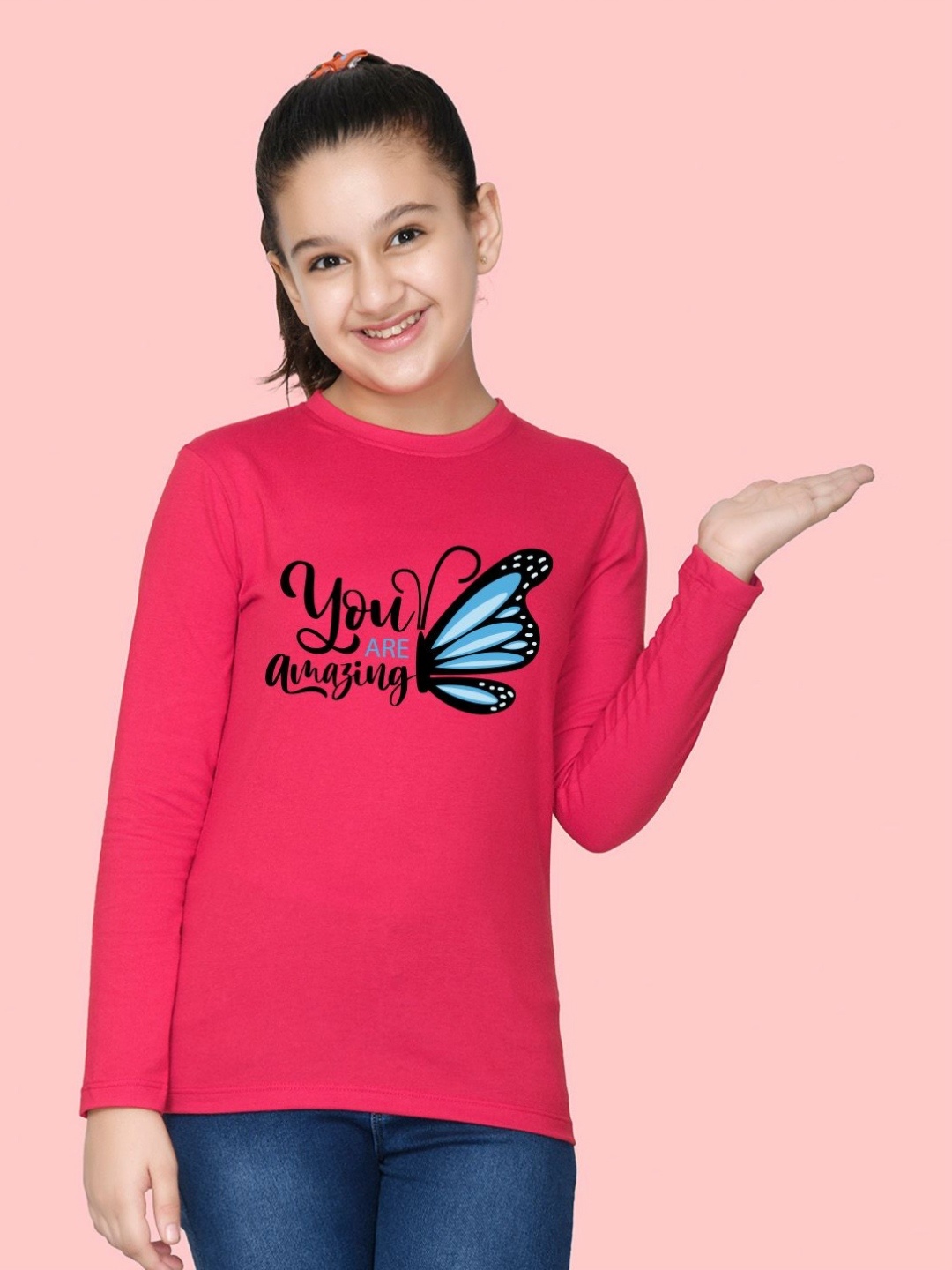 

NUSYL Girls Typography Printed Round Neck Cotton T-shirt, Pink