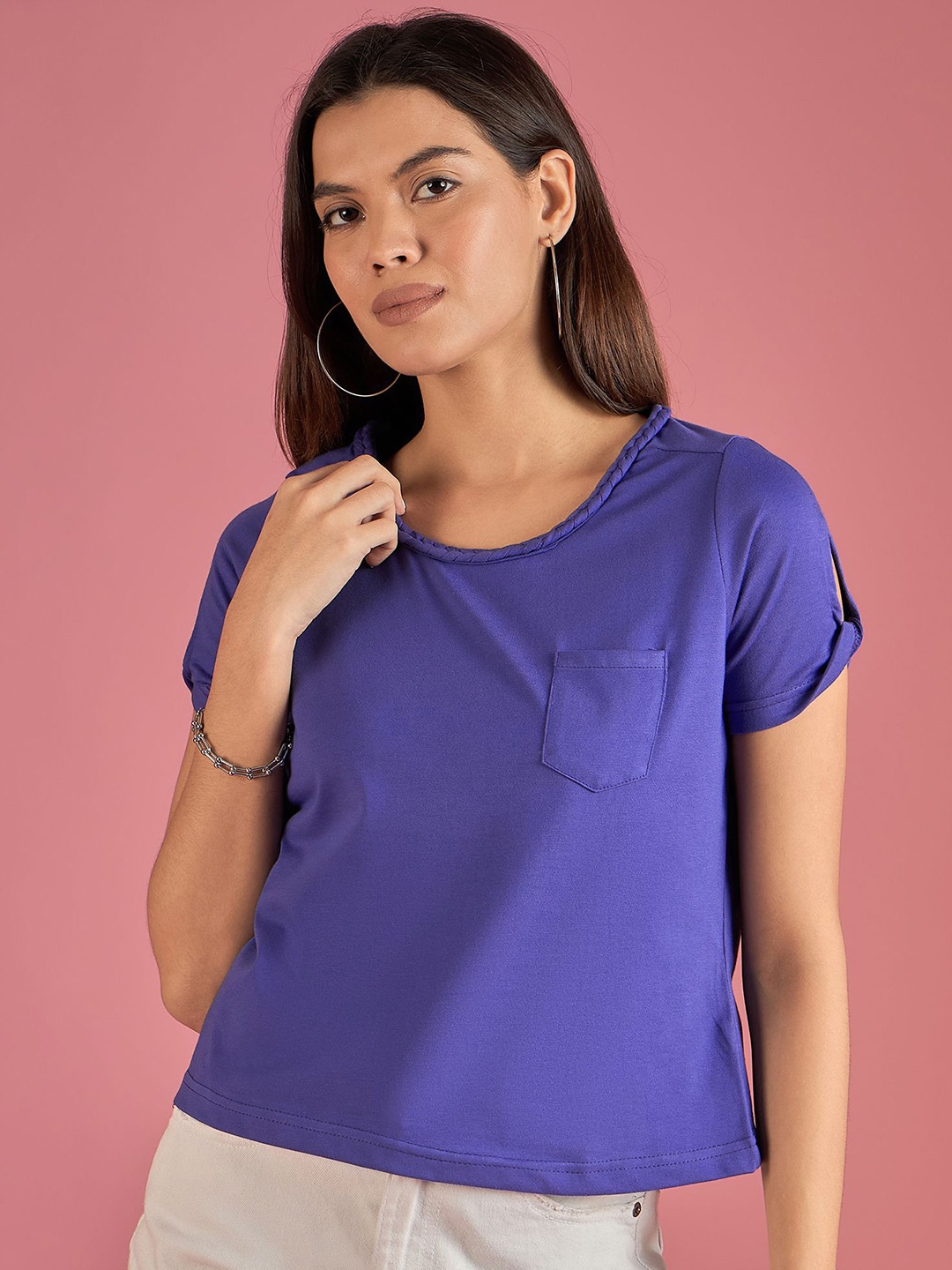 

DressBerry Women Solid Round Neck Cotton Top, Purple