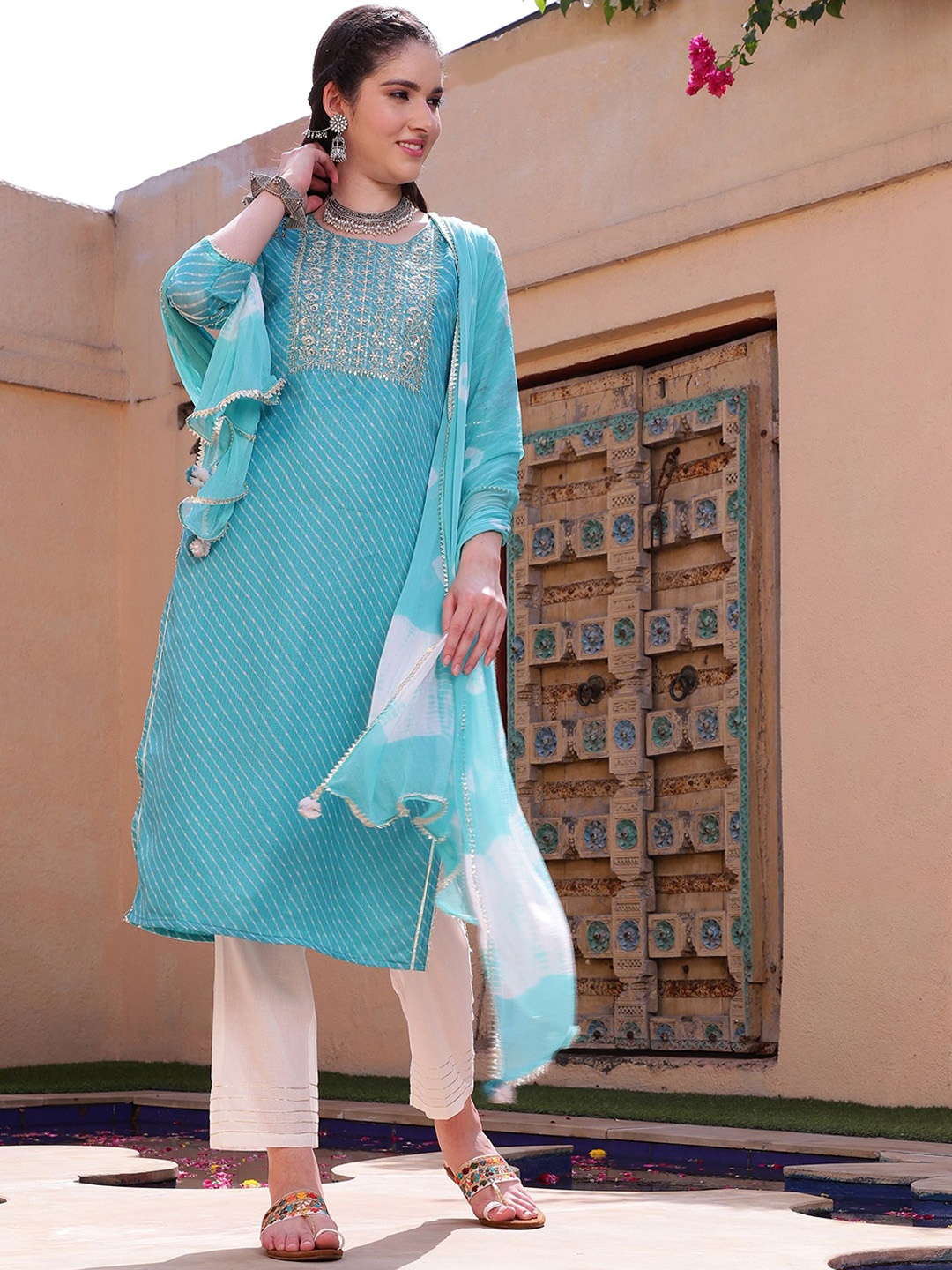 

BANDIA Leheriya Embroidered Kurta With Trousers & Dupatta, Turquoise blue