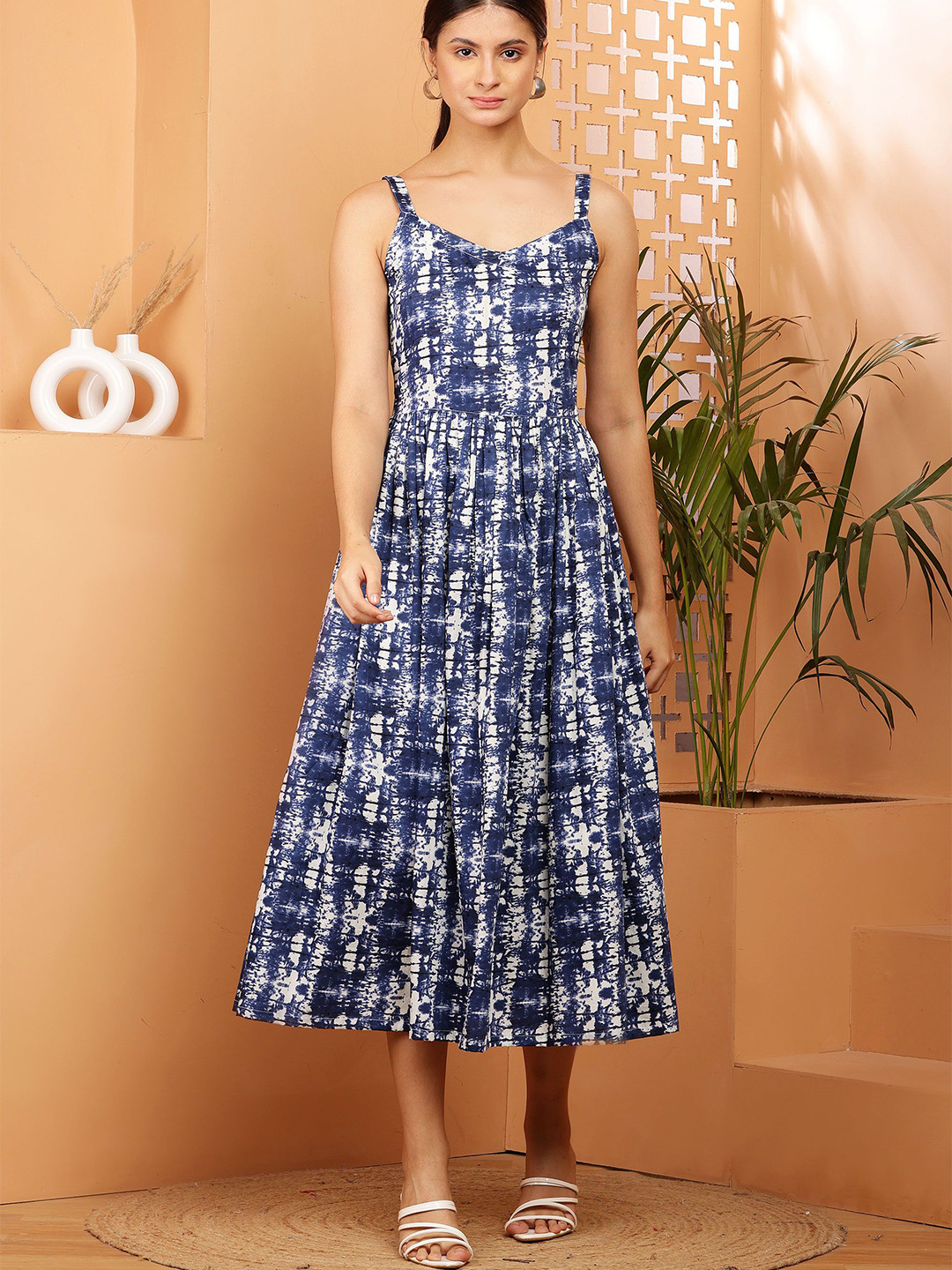 

Akshatani Women Tie & Dye Printed A-Line Midi Dress, Blue