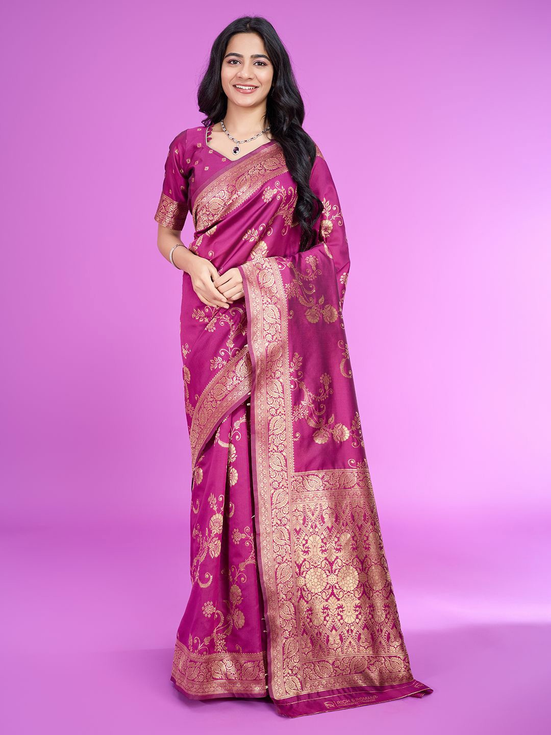 

RICH & ROMAN Woven Design Zari Pure Silk Banarasi Saree, Magenta