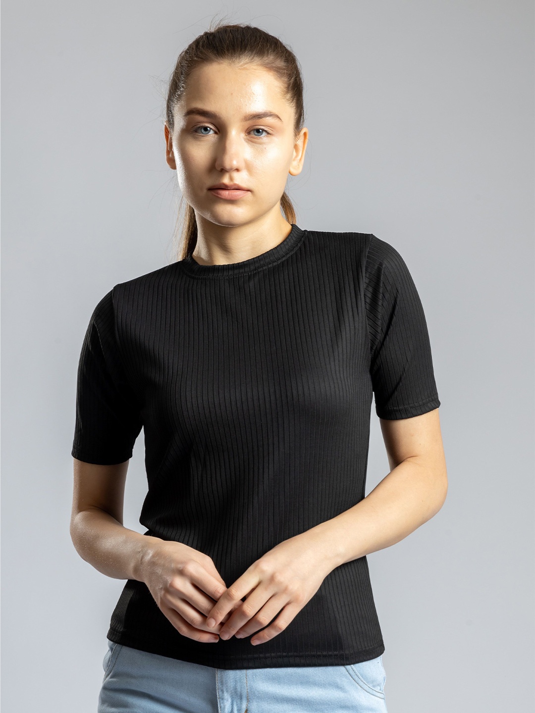 

Redamancii Women Solid Round Neck Polycotton Top, Black