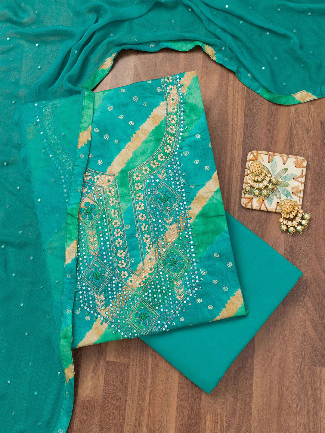 

Koskii Leheriya Printed Beads and Stones Unstitched Dress Material, Blue