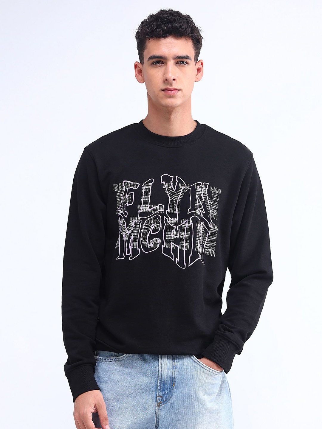 

Flying Machine Men Brand Logo Printed Round Neck Cotton Pullover Sweatshirt, Black
