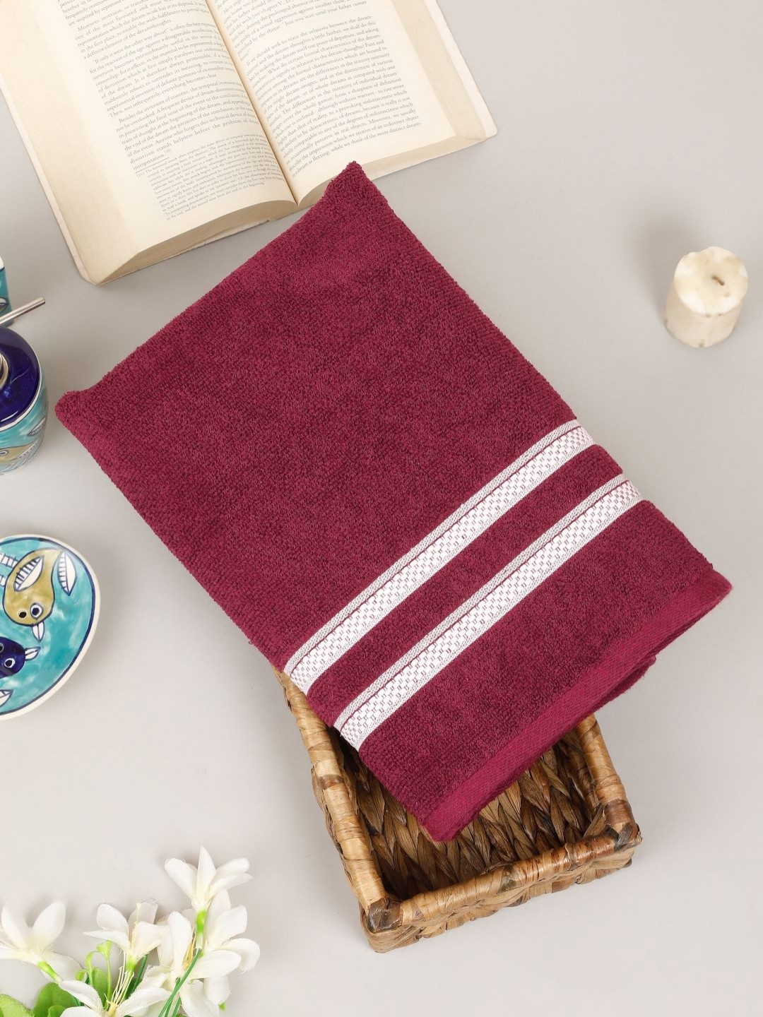 

Creeva Comfort Living Maroon & White Striped Cotton 410 GSM Bath Towel