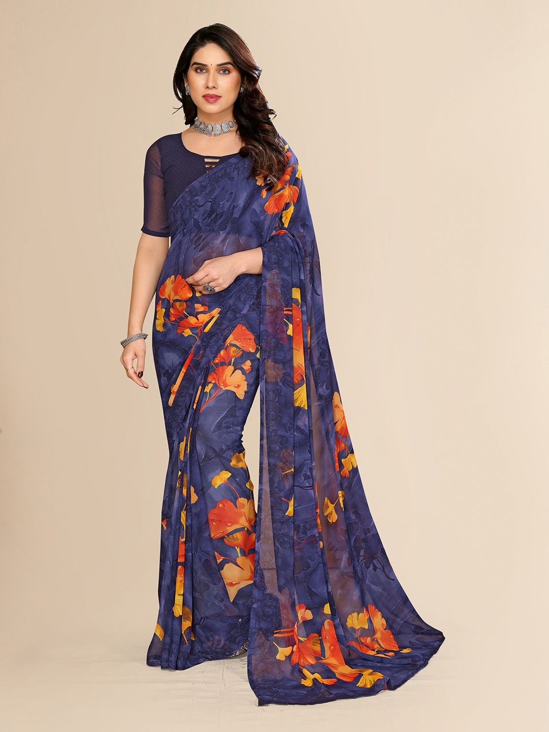 

ANAND SAREES Floral Printed Saree, Navy blue