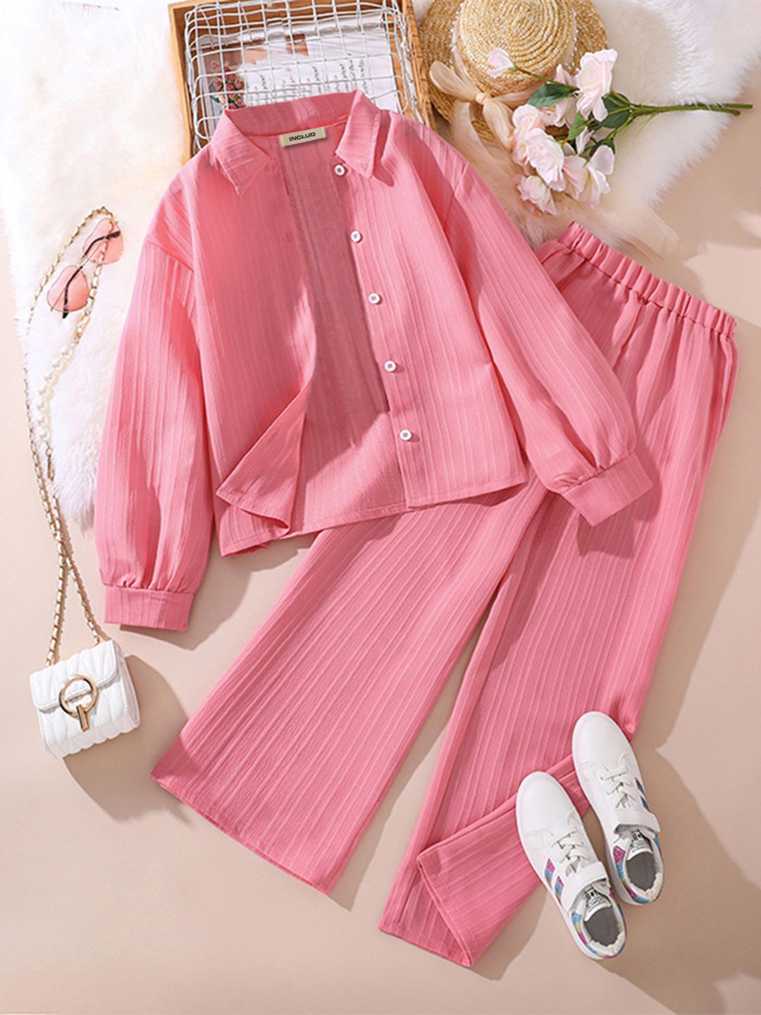 

INCLUD Girls Shirt Collar Neck Long Sleeves Cotton Blend Shirt With Trousers, Pink