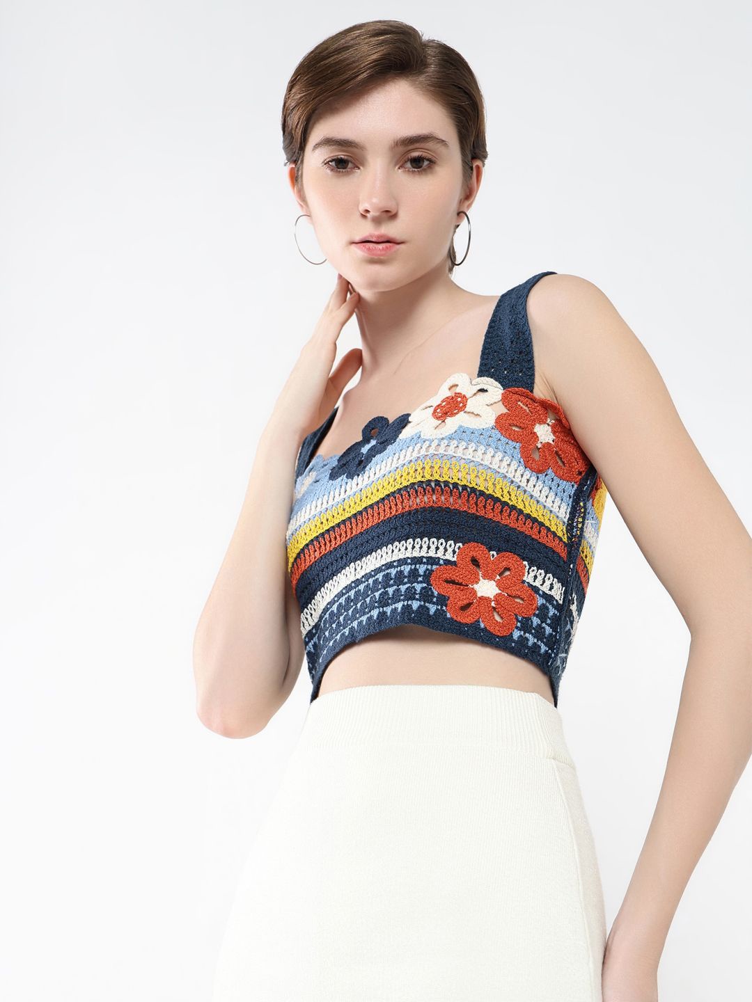 

SHOWOFF Women Floral Embroidered Shoulder Straps Acrylic Top, Navy blue