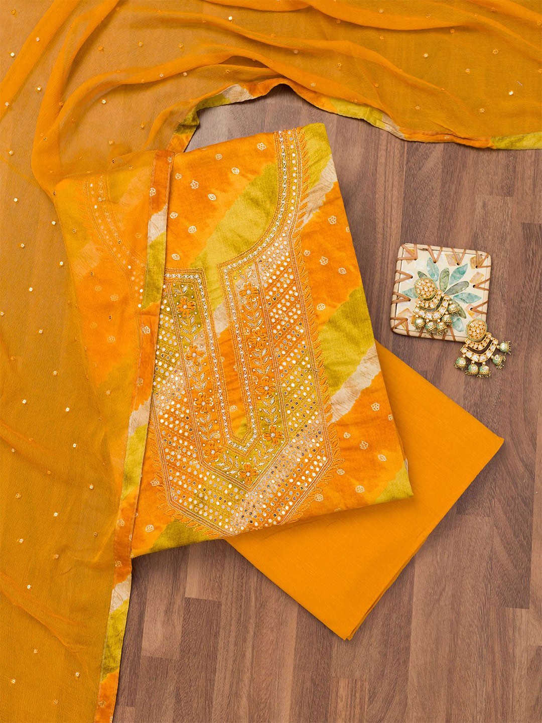 

Koskii Floral Printed Mirror Work Unstitched Dress Material, Yellow