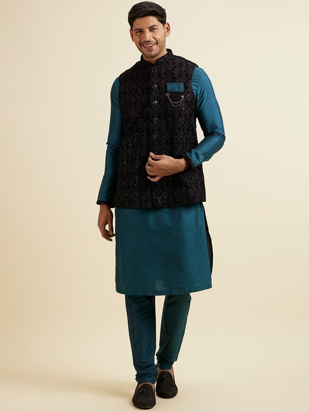 

Manyavar Men Embroidered Regular Velvet Kurta and Pyjamas with Jacket, Blue