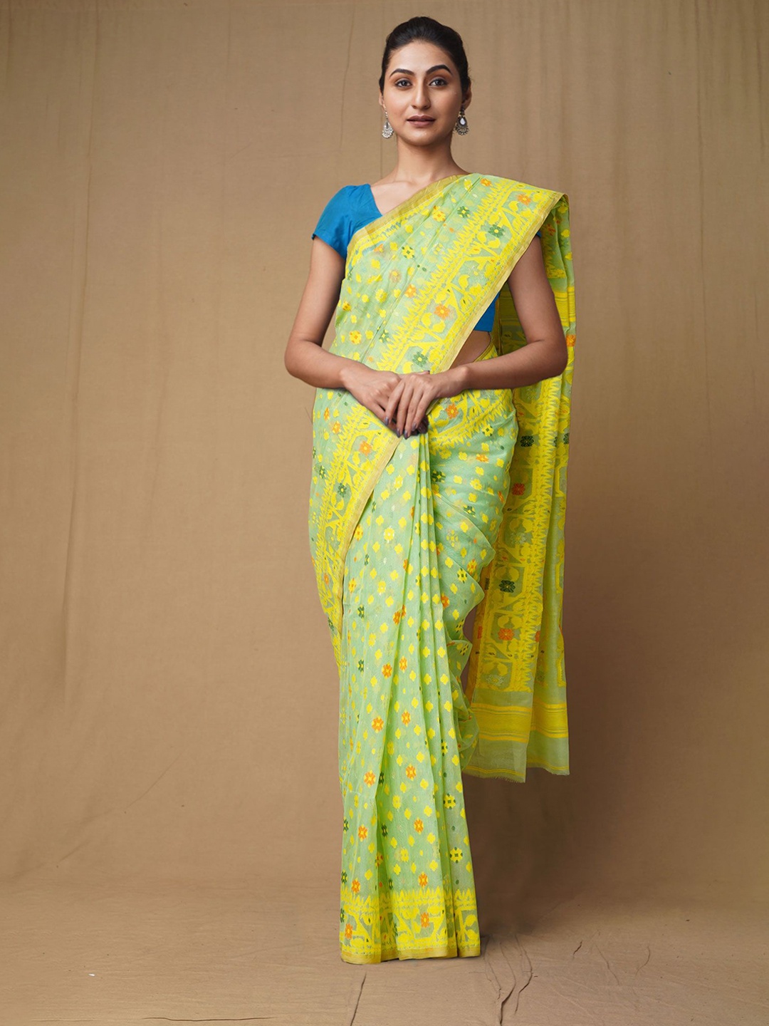 

Unnati Silks Ethnic Motifs Pure Cotton Handloom Jamdani Saree, Green