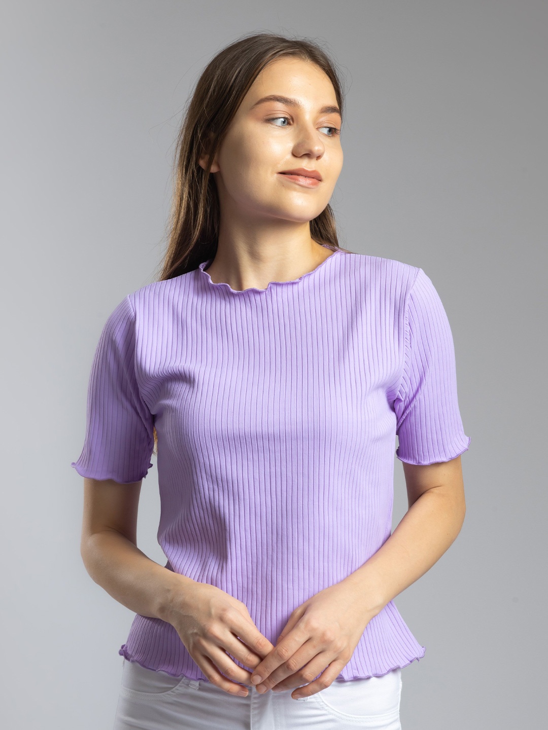 

Redamancii Women Solid Round Neck Polycotton Top, Lavender