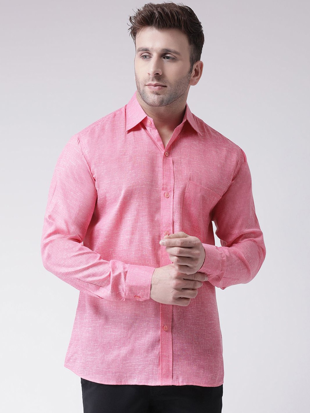 

KLOSET BY RIAG Men Classic Spread Collar Solid Printed Cotton Linen Casual Shirt, Pink