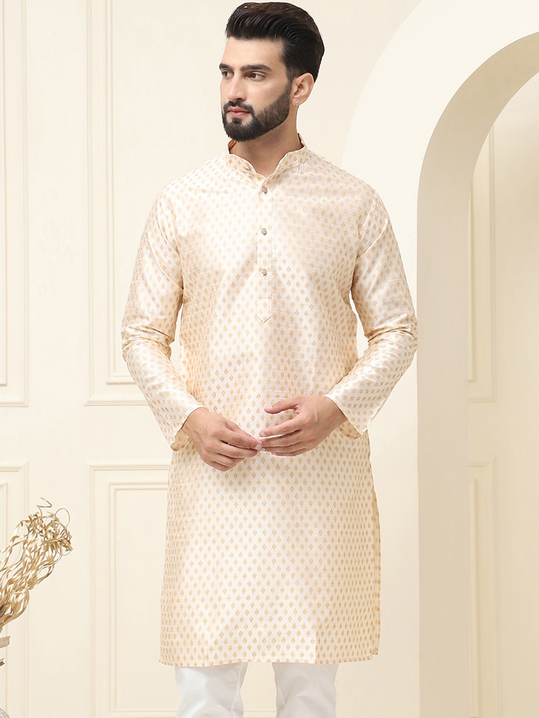 

SOJANYA Ethnic Motifs Woven Design Band Collar Straight Kurta, Cream