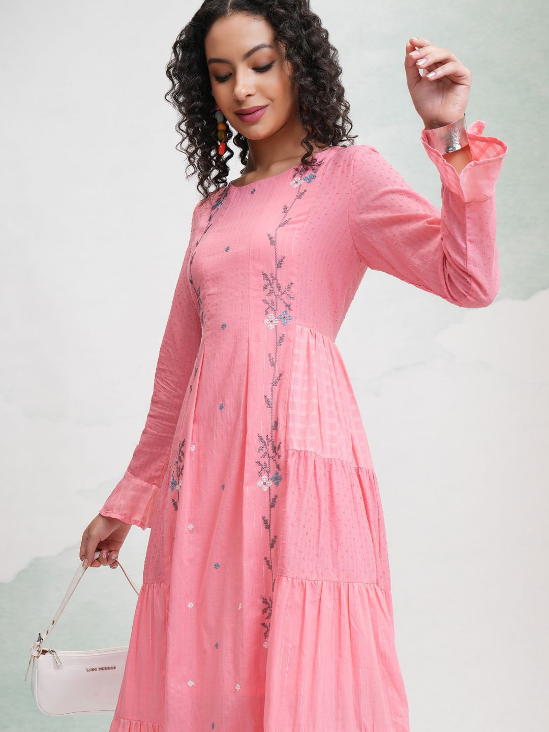 

Vishudh Flared Sleeve Fit-Flare Midi Dress, Pink
