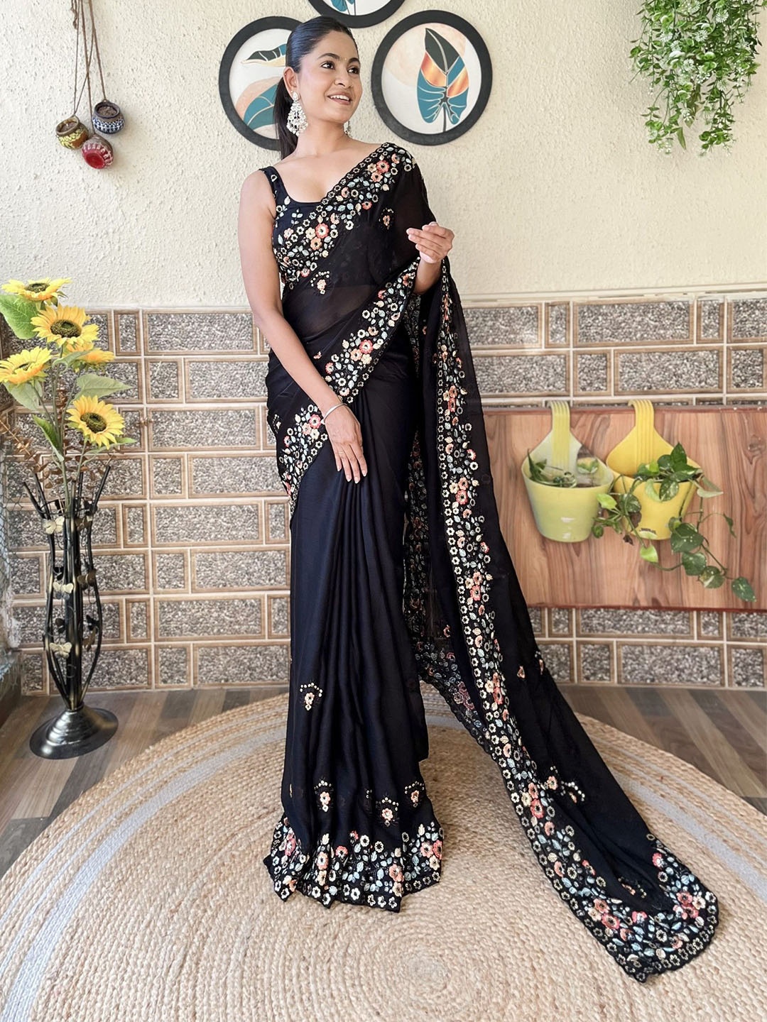 

LeeliPeeri Designer Embroidered Pure Chiffon Saree, Black