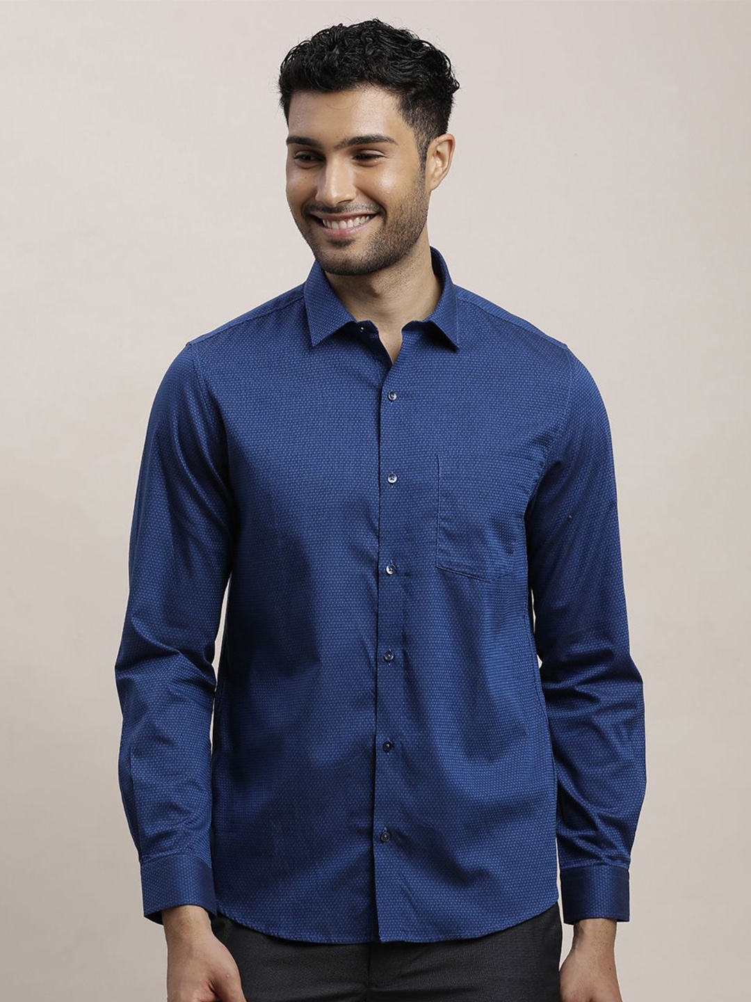 

Turtle Men Classic Spread Collar Micro Ditsy Printed Cotton Slim Fit Formal Shirt, Blue