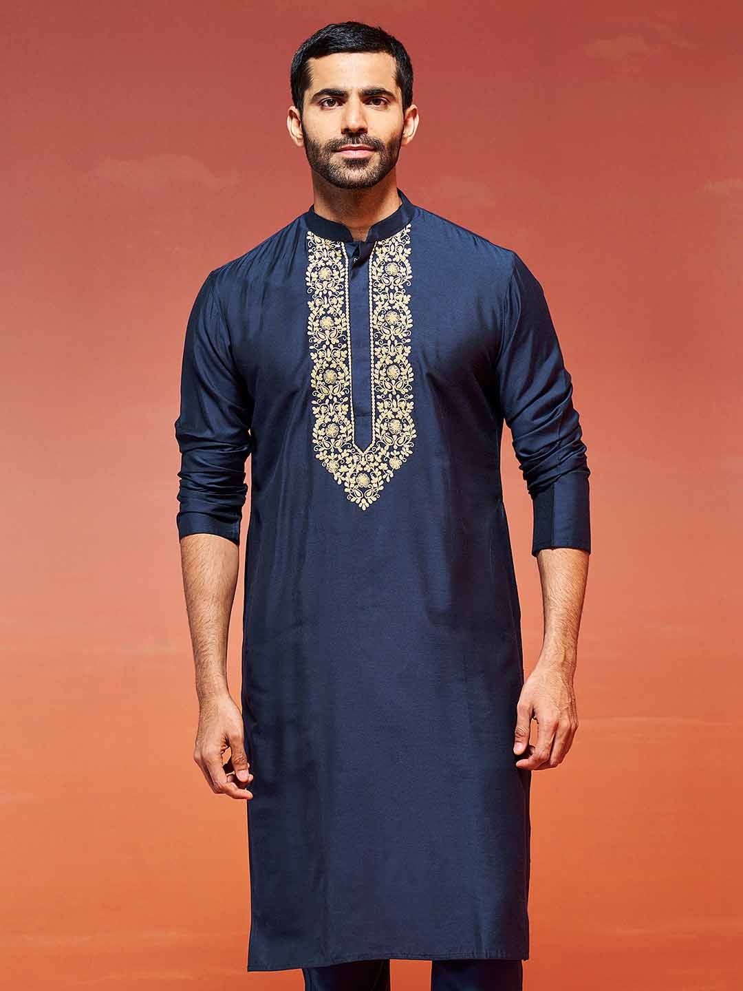 

VASTRAMAY Yoke Design Thread Work Mandarin Collar Straight Kurta, Navy blue