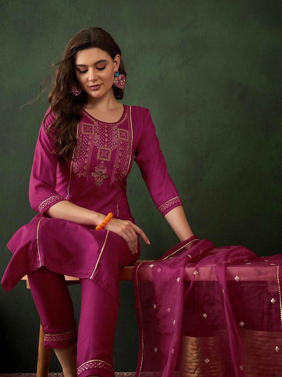 

Sangria Pink Floral Embroidered Sequinned Straight Kurta With Trousers & Dupatta