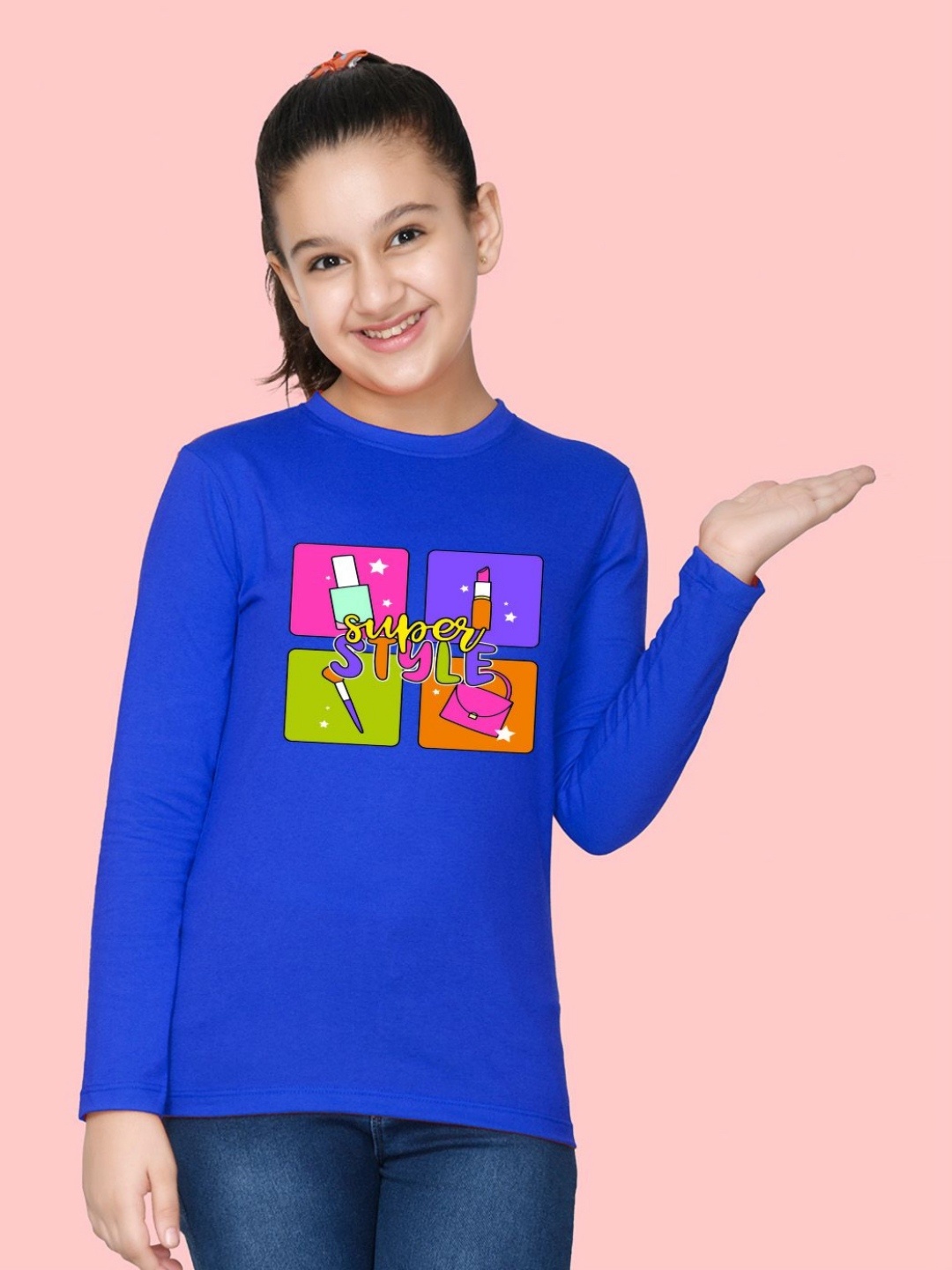 

NUSYL Girls Graphic Printed Round Neck Cotton T-shirt, Blue
