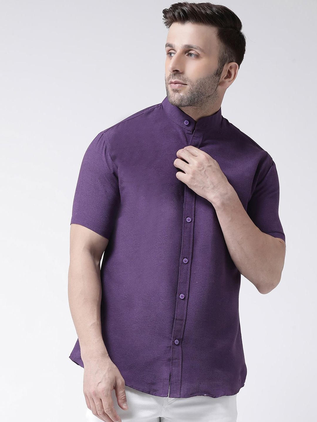 

KLOSET BY RIAG Men Classic Band Collar Solid Cotton Casual Shirt, Purple