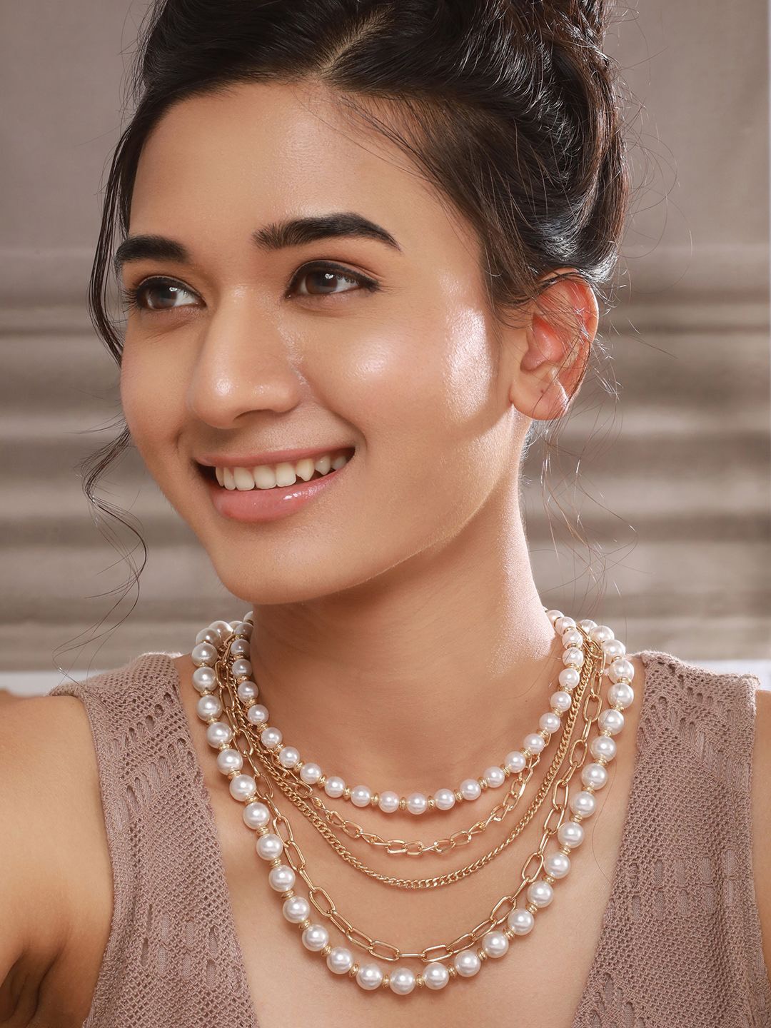 

Jazz and Sizzle Brass Gold-Plated Pearl Beaded Layered Necklace