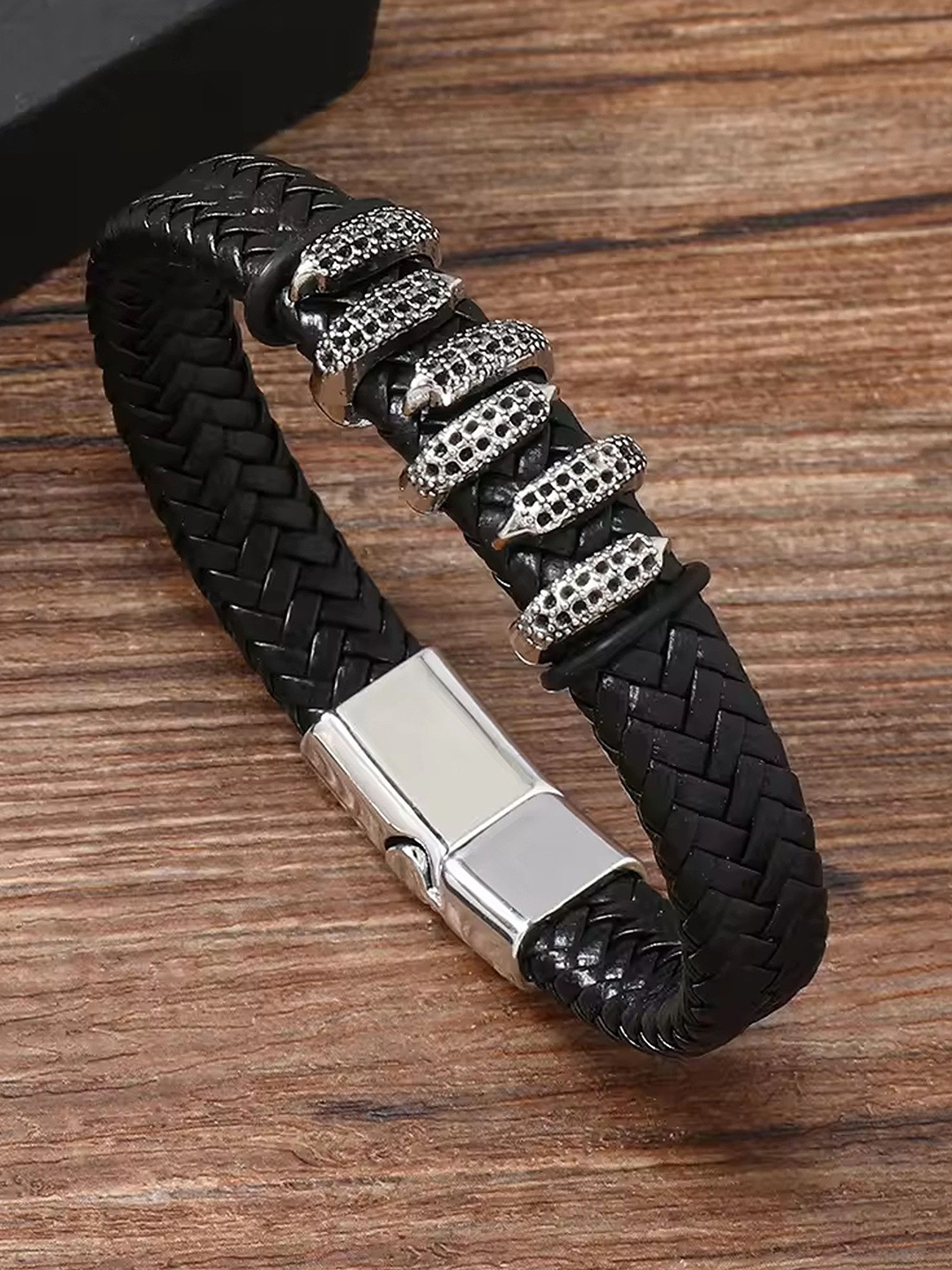 

Heer Collection Men Stainless Steel Leather Wraparound Bracelet, Silver