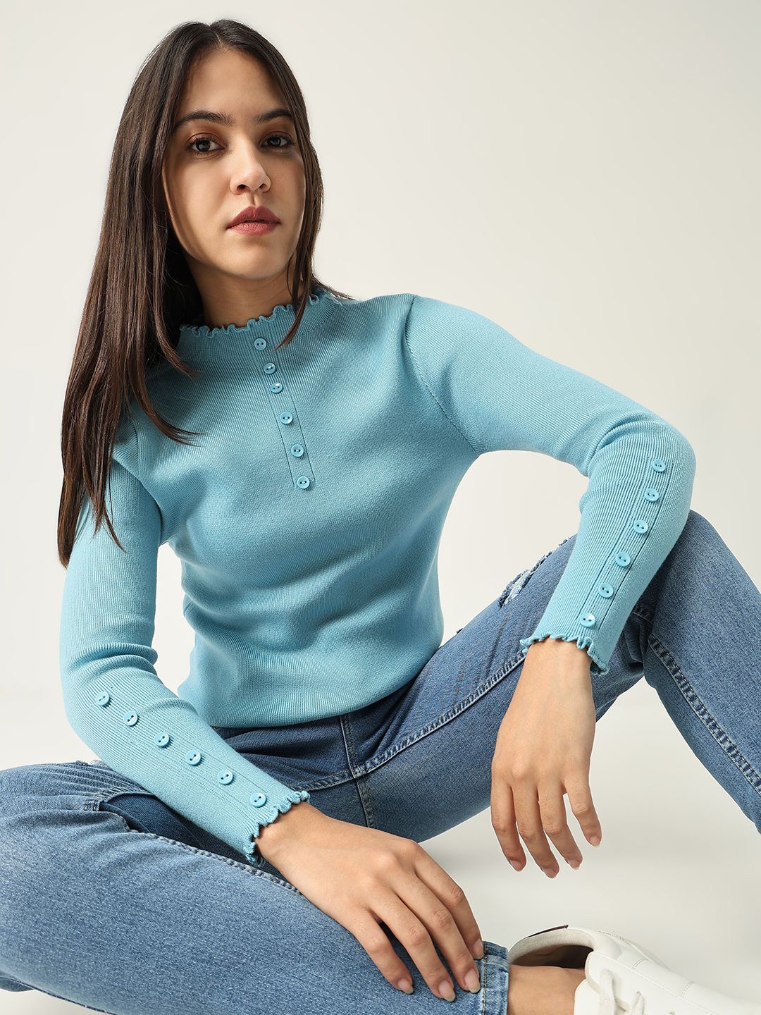 

SHOWOFF Women Solid High Neck Acrylic Top, Blue