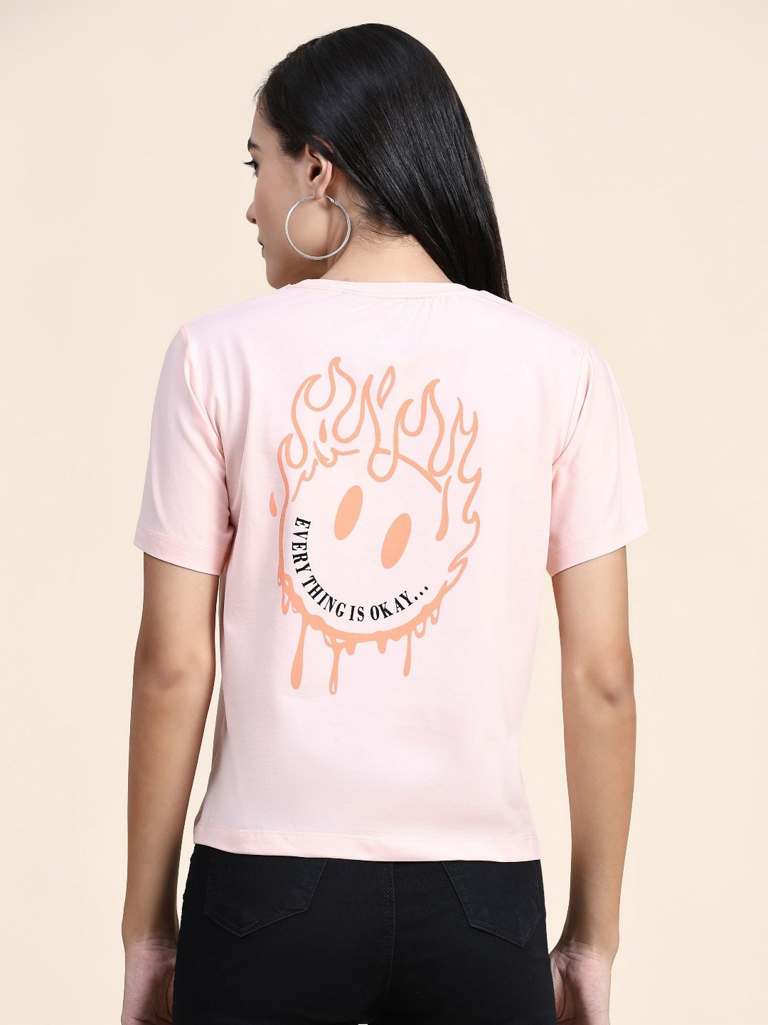 

AECK Women Graphic Printed Round Neck Cotton Relaxed Fit T-shirt, Peach