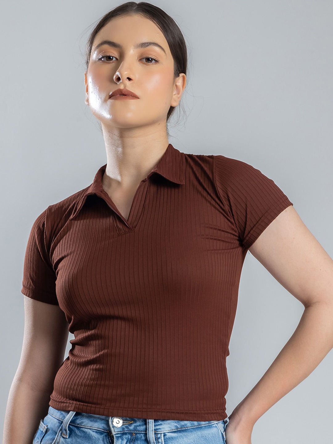 

Redamancii Women Solid Shirt Collar Polycotton Top, Brown