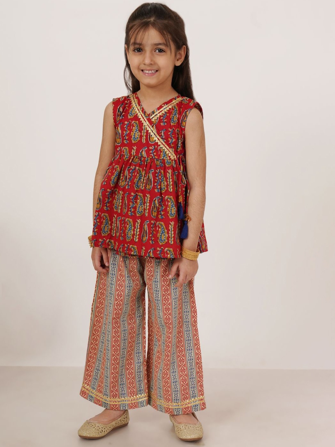

COTLAND FASHION Girls Paisley Printed Gotta Patti Pure Cotton Kurti with Trousers, Red