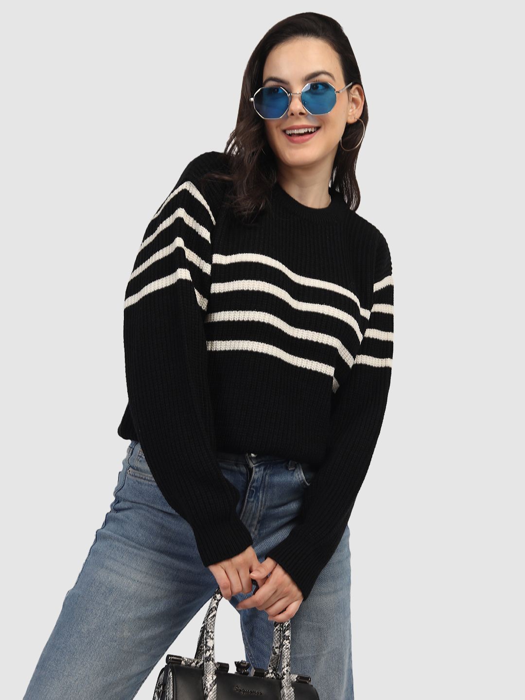 

CHKOKKO Women Striped Woollen Pullover Sweaters, Black