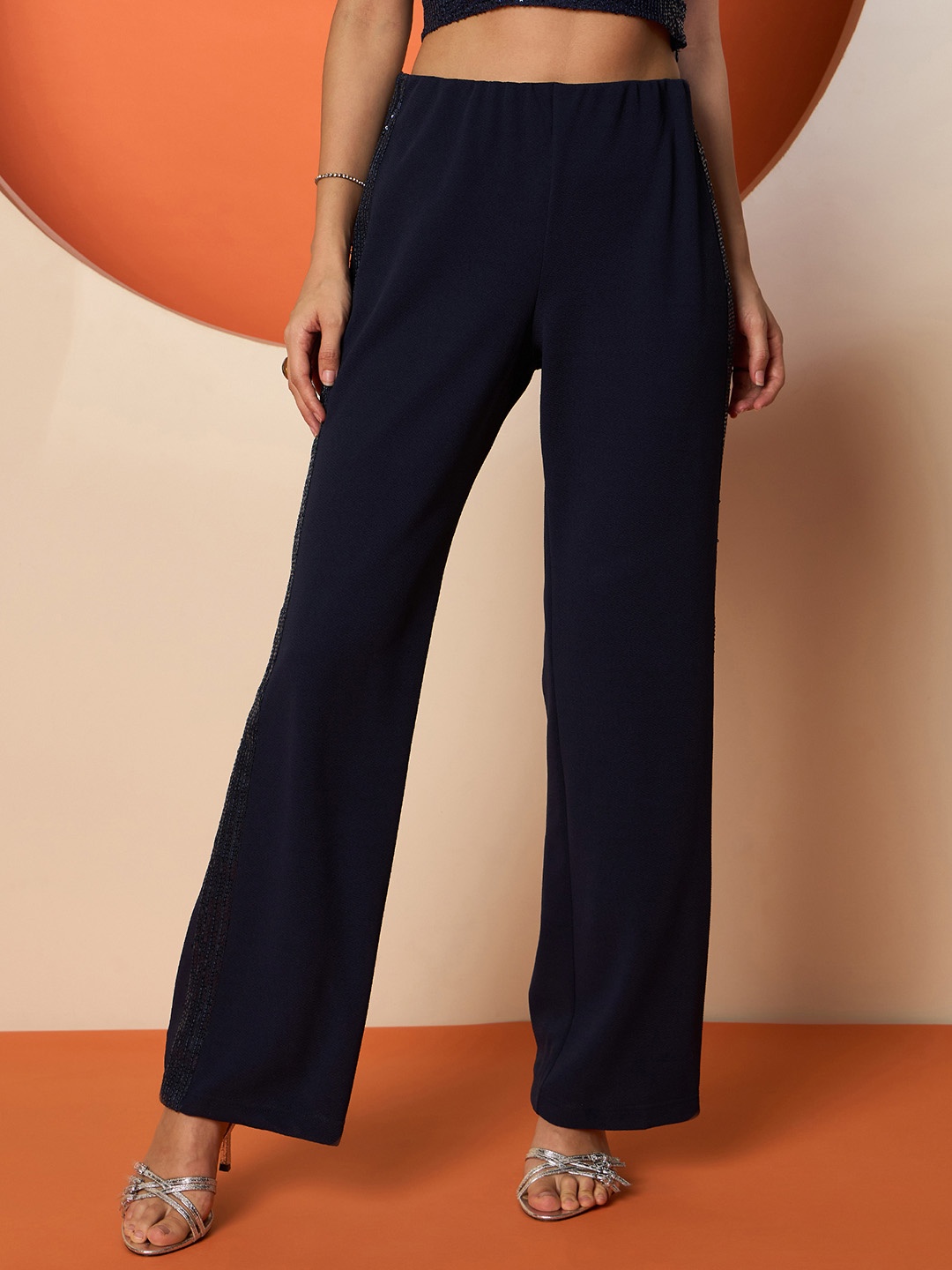 

Antheaa Women Smart High-Rise Embellished Trousers, Navy blue