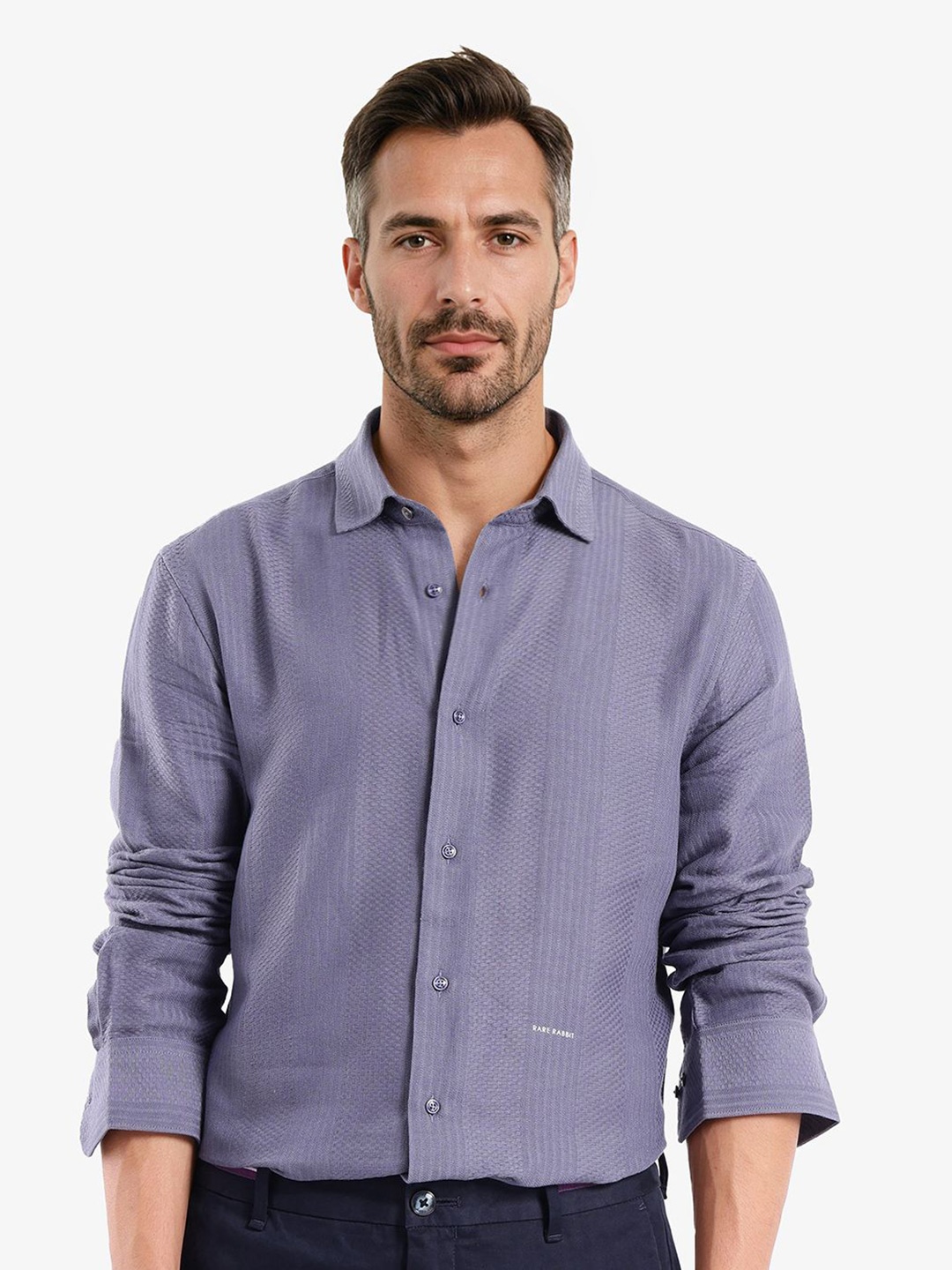 

RARE RABBIT Men Comfort Spread Collar Textured Cotton Casual Shirt, Blue