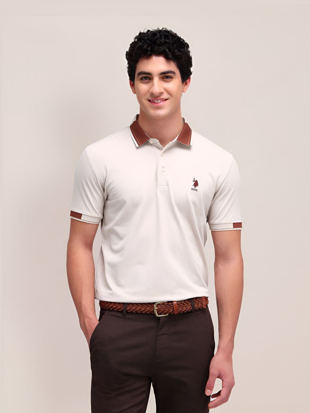 

U.S. Polo Assn. Men Polo Collar Solid Slim Fit T-shirt, Beige