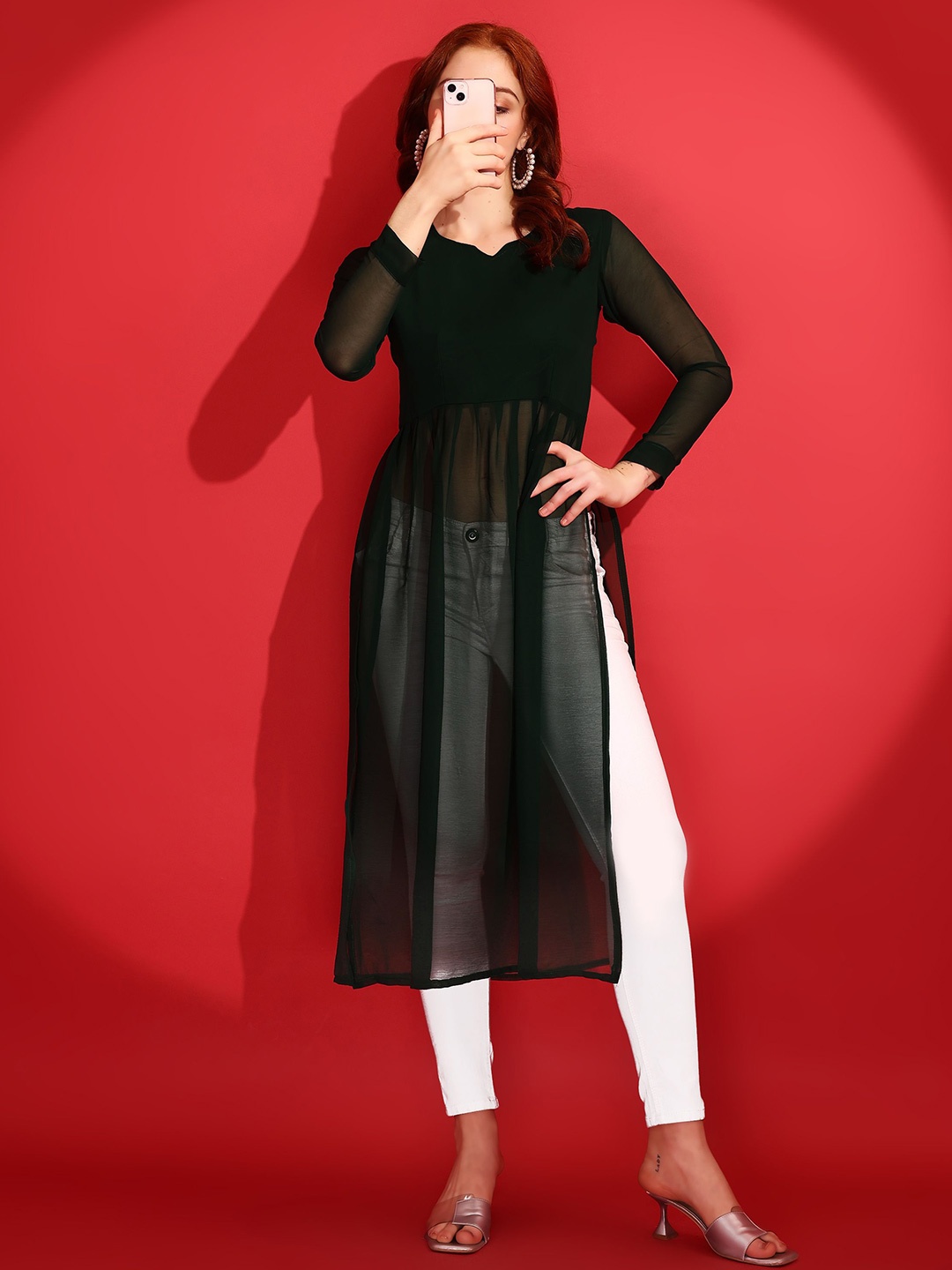

KALINI Women Pure Georgette Straight Kurta, Green